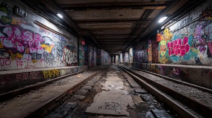 Naklejka premium Colorful Graffiti Covering Abandoned Subway Walls in Dark Tunnel
