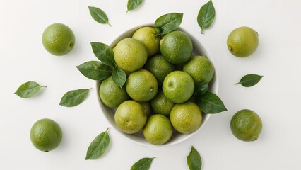 Overhead shot of vibrant green limes inside a white bowl