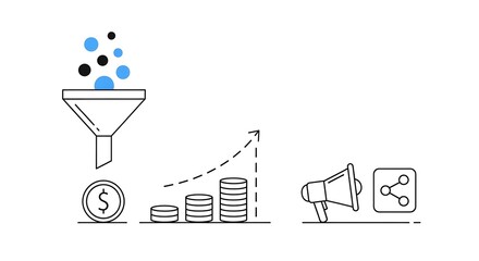 Sales funnel illustration isolated on white background, marketing strategy for lead generation, conversion, customer acquisition and business growth, vector graphic design