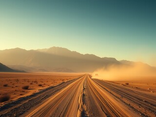 Desert road stretches towards distant mountains under a clear sky with dust cloud from vehicle