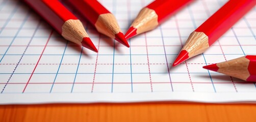 Close-up of red pencil strokes on graph paper grid, sketch, office