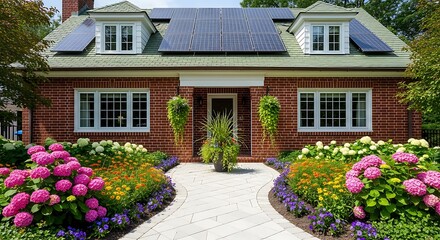 A Charming Brick House with Abundant Solar Panels on the Roof and a Beautifully Landscaped Garden
