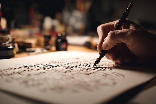 Skilled artist elegantly crafts calligraphy with fountain pen and ink on textured paper