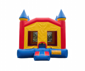 Colorful inflatable bounce house for children's entertainment in vibrant red yellow and blue party fun attraction