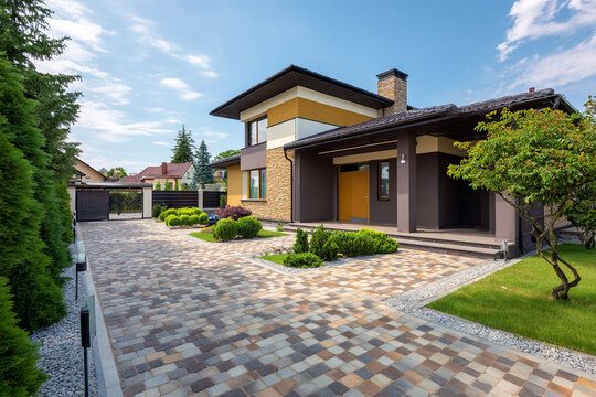 Stylish two-story house features a well-maintained garden, unique architecture, and a charming driveway on a sunny day