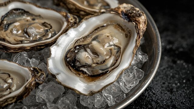 Close-up of fresh oysters against a dark backdrop, served chilled on ice. Nutritious seafood meal. Fine dining delicacy. Detailed macro image.