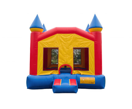 Colorful inflatable bounce house for children's entertainment in vibrant red yellow and blue party fun attraction