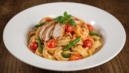 Dish of pasta combined with chicken and assorted vegetables on a plain white plate, space reserved for text, photo design idea for digital creators