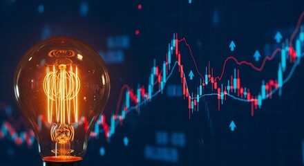A glowing light bulb in front of a stock market graph, representing ideas, innovation, and the dynamics of financial markets and investment trends