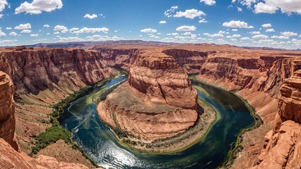 Scenic panorama showcasing a river meandering through rugged orange rock terrain