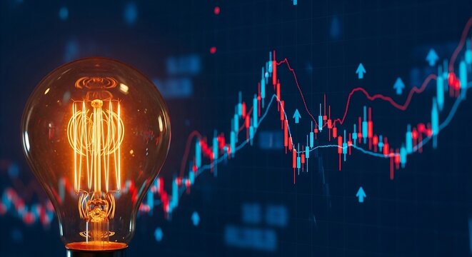 A glowing light bulb in front of a stock market graph, representing ideas, innovation, and the dynamics of financial markets and investment trends