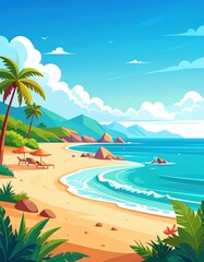 Fototapeta premium A vibrant beach scene featuring palm trees, rolling waves, and distant mountains under a bright blue sky, creating a perfect tropical getaway atmosphere.