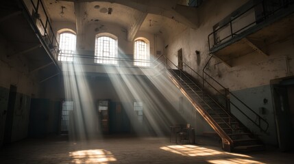 Obraz premium Haunting Light Rays Inside an Abandoned Prison Cell Block