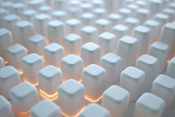 Obraz premium Abstract pattern of glowing white blocks with orange light from below, close up perspective