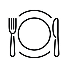 Simple black line icon of a plate, fork, and knife for dining.