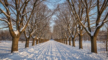 Obraz premium Daytime winter nature path surrounded by snow and trees