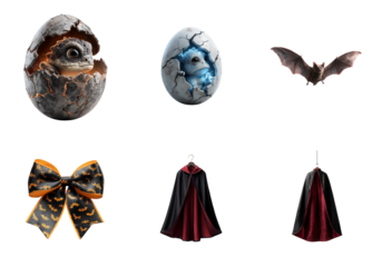 Baby dinosaur hatching from cracked stone egg isolated on a transparent background