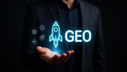 Businessman hand shows holographic GEO and rocket with tech icons for data and AI, highlighting future tech, AI Strategy, and Search Intelligence