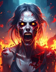 A fierce, undead figure with glowing eyes and bloodied features stands against a fiery backdrop, embodying a chilling horror theme.