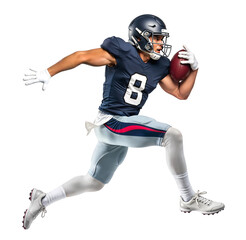 American football player sprinting in modern grey and navy uniform midair