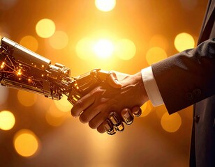 A robotic hand shakes hands with a human hand against a glowing background, symbolizing collaboration between technology and humanity.