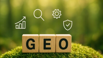 Wooden GEO blocks on green moss with white icons, blending nature with tech momentum in Search Intelligence and AI Strategy