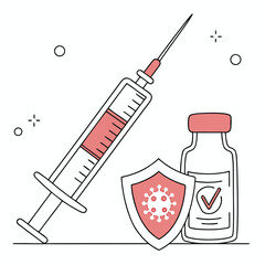 Flat illustration of syringe and vaccine vial with shield icon generated by ai