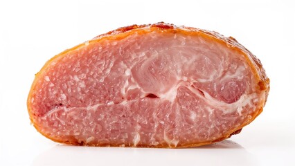Sliced ham close up, emphasizing its tasty and healthy qualities on a clean white background