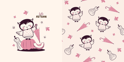 Children's set. Delicate background and seamless pattern with a cute owl holding an umbrella. Vector design for children's bedding, fabrics, wallpapers, wrapping paper, and more.