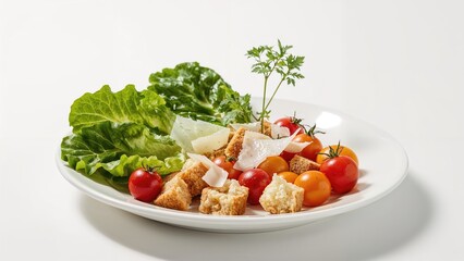 Appetizing elements cascading into a dish prepared for Caesar salad on a white surface
