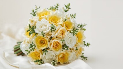 Springtime wedding bouquet featuring yellow and white flowers symbolizing love and beauty