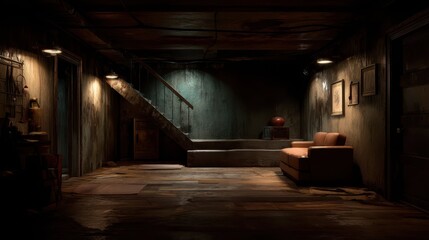 Dark Basement Interior with Chaotic Light and Vintage Furniture