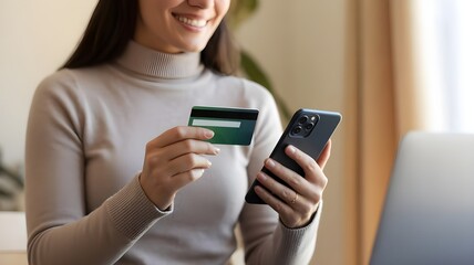 woman makes a purchase on the Internet on the smart phone with credit card, online payment, shopping online, e-comm