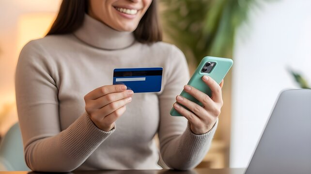 woman makes a purchase on the Internet on the smart phone with credit card, online payment, shopping online, e-comm