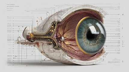 Exploded View of Human Eye Anatomy with Detailed Internal Features