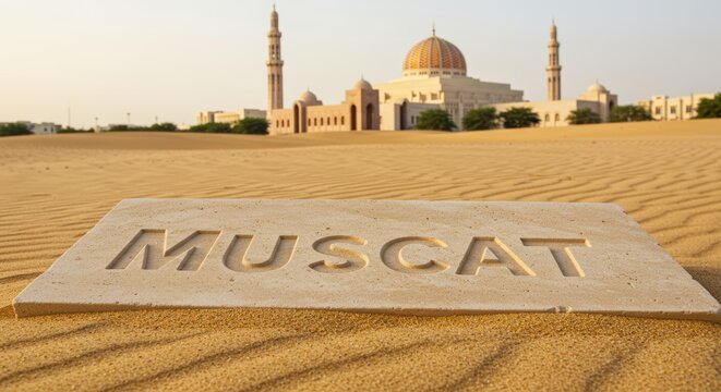 Muscat engraved limestone slab in desert with Grand Mosque background under light - Powered by Adobe