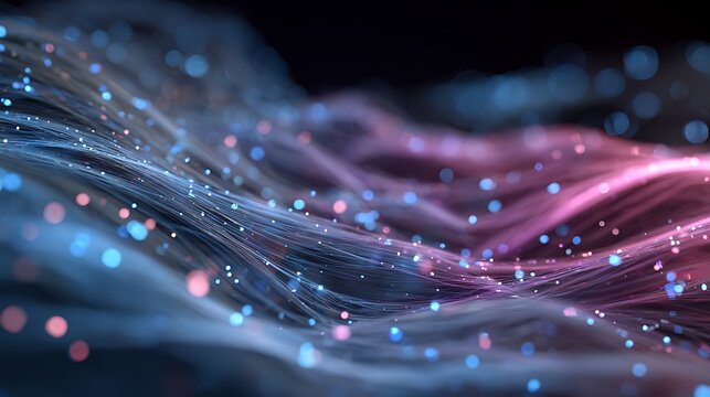 Tech inspired 3D streamlines glowing with floating particles ambient blue grey pink futuristic look