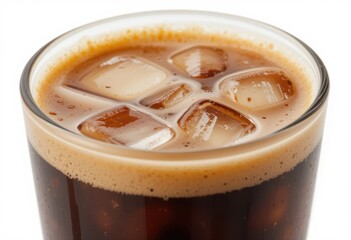 Café frío con espuma de vainilla en vaso alto, cubitos de hielo visibles y capas de café oscuro, aislado en blanco
