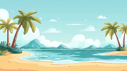 Tropical island beach scene with palm trees.