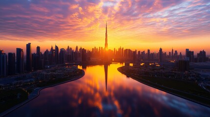 Fototapeta premium Breathtaking aerial view of a vibrant city skyline at sunset with towe skyscrapers and a glowing river scene