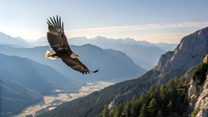 Majestic golden eagle soars over a vast mountain valley
