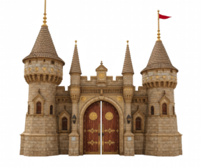 Detailed Stone Castle Gate with Towers Red Flag and Golden Accents Fantasy Architecture
