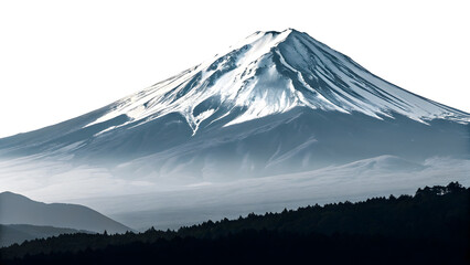 Majestic snow capped mountain peak emerging from misty valleys