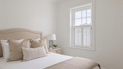Neutral-themed bedroom scene showcasing white bed linens, padded headboard, tassel cushions, a bedside table with a lamp, fresh flowers, and windows fitted with plantation shutters