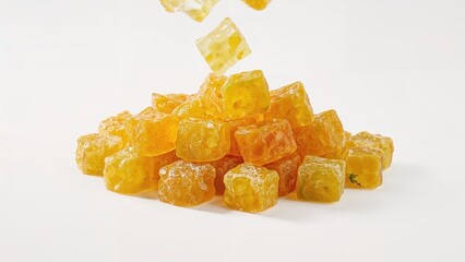 Flavorful pieces of sugared fruit dropping into a heap on a light background