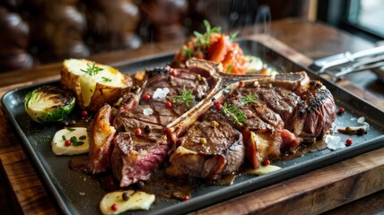Sizzling steak plate with sliced T-bone beef on hot surface, garnished with herbs, peppercorns, sea salt flakes, roasted vegetables and potatoes