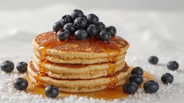 Fluffy pancakes adorned with juicy blueberries and honey drizzle