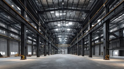 Obraz premium Spacious Steel Fabrication Warehouse Interior with High Ceilings