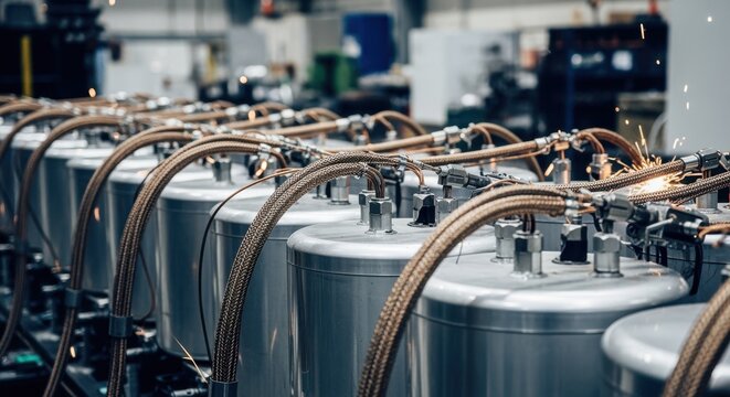 Closeup of large cylindrical capacitors connected with heavyduty cables on a railgun assembly floor showcasing robust power storage.