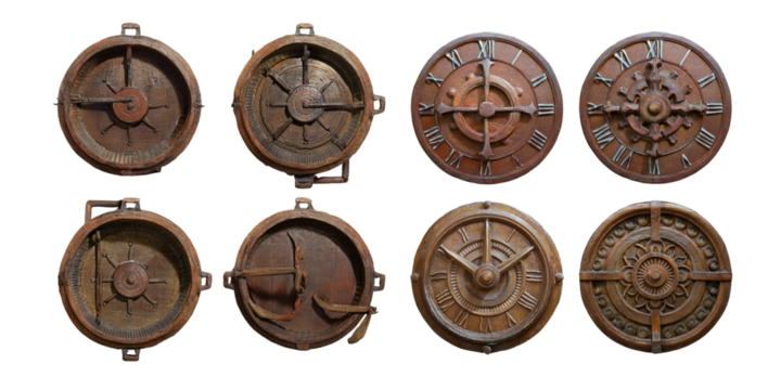 Vintage Clock Mechanisms and Decorative Gear Designs, PNG collection, set bundle, isolate on transparent or white background